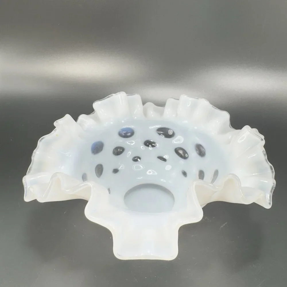 Fenton White Opalescent‎ Clear Coin Dot Ruffled Edge Glass Bowl Dish Vintage